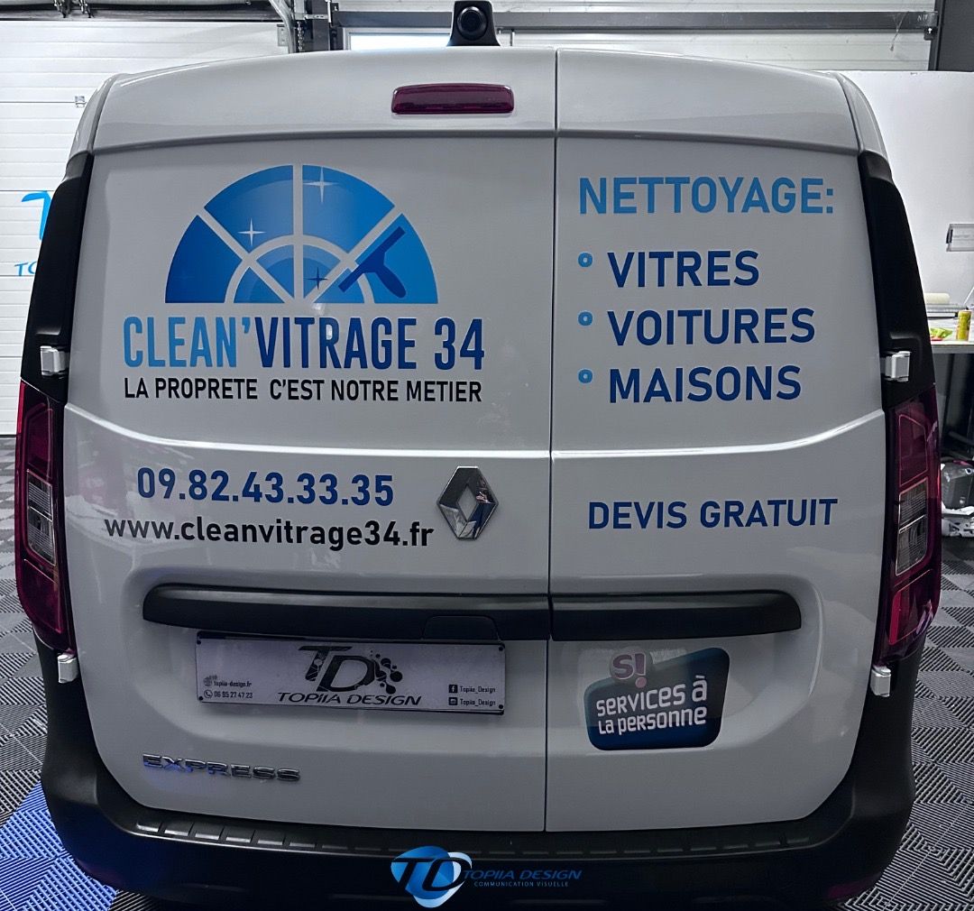 Clean’Vitrage 34, portes arrière – marquage publicitaire