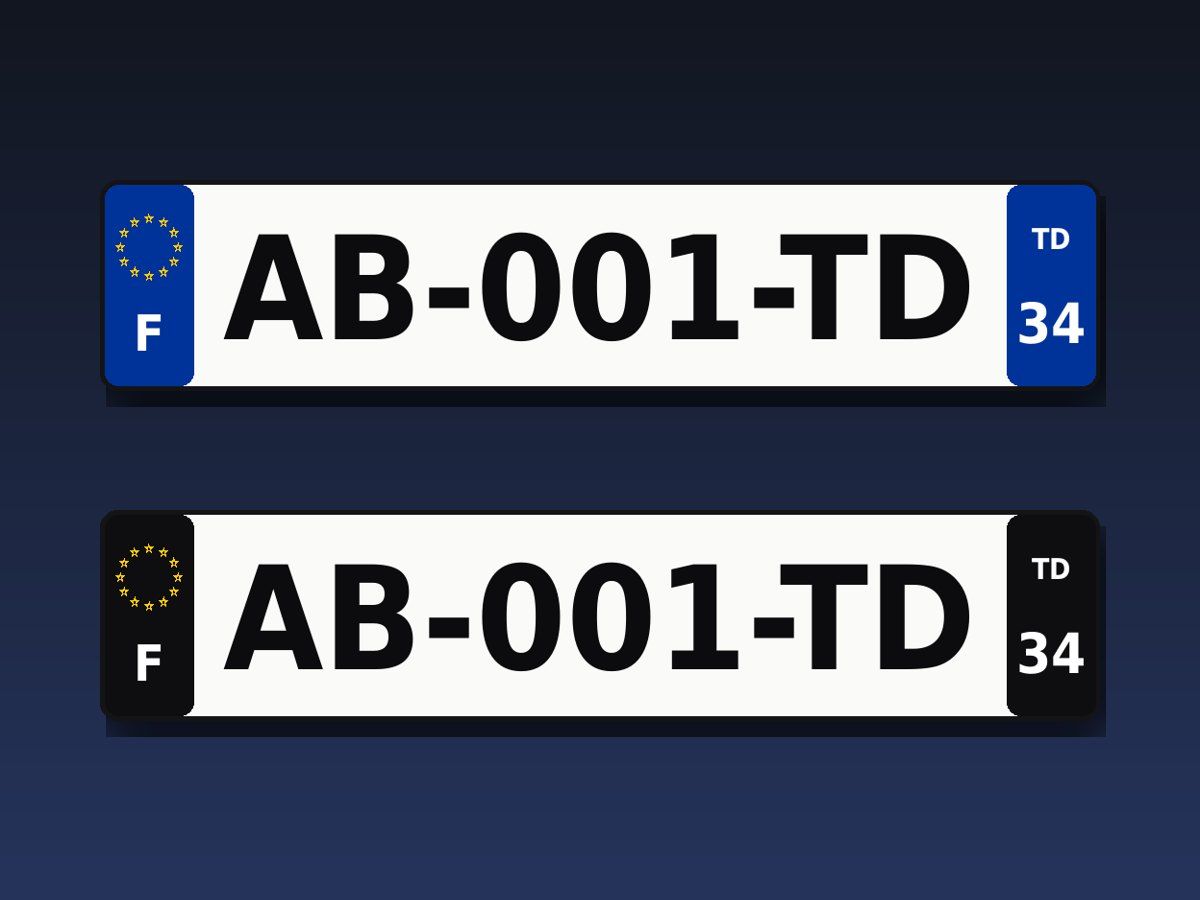 Exemples de plaques d’immatriculation AB-001-TD, bleue et noire, département 34